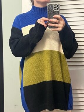 Jones New York Blue, Black, Cream & Olive Colorblock Mock Neck Sweater